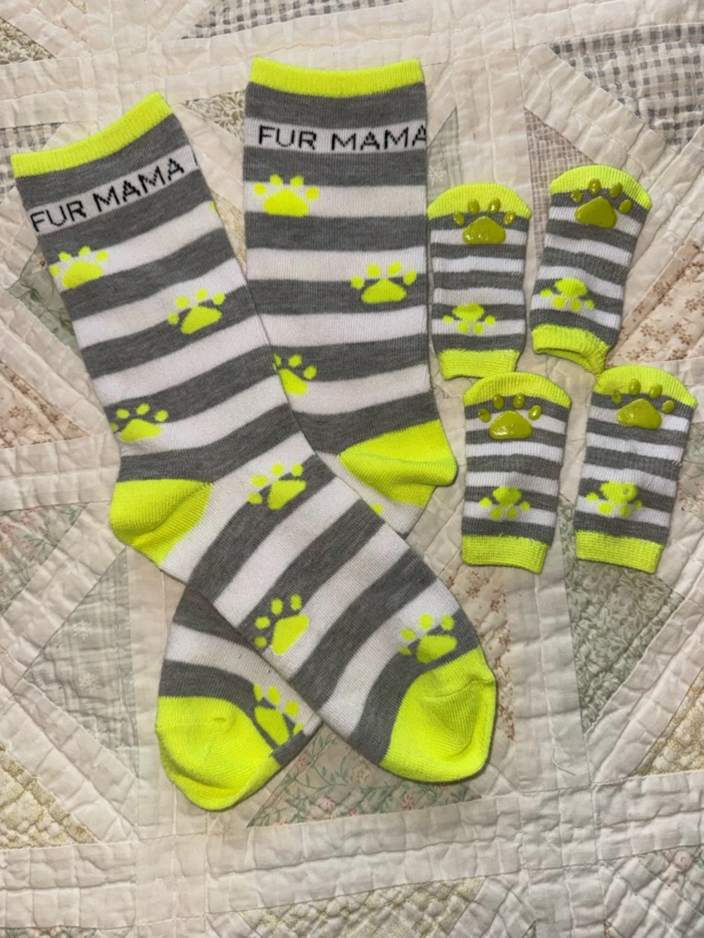 Fur Mama & Fur Baby Matching Sock Set | Gray Striped Neon Paw Print Dog Socks